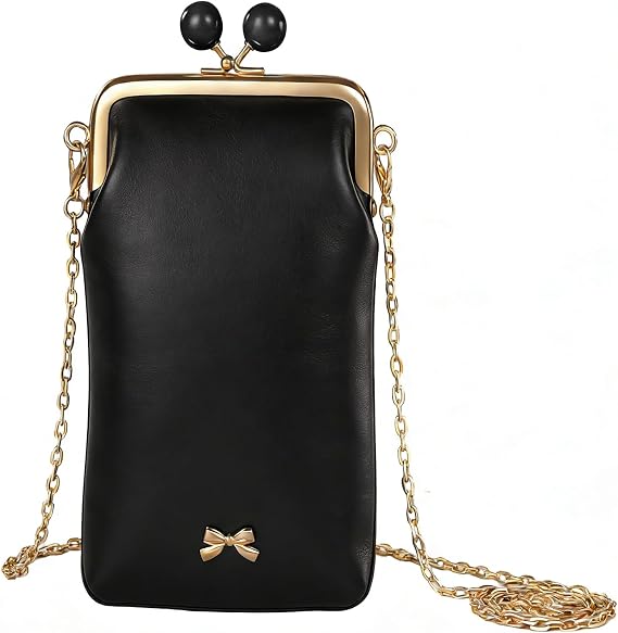 Small Leather Chain Crossbody Bags for Women Designer Cell Phone Bag Wallet Kiss Lock Cute Shoulder Purses (Black)