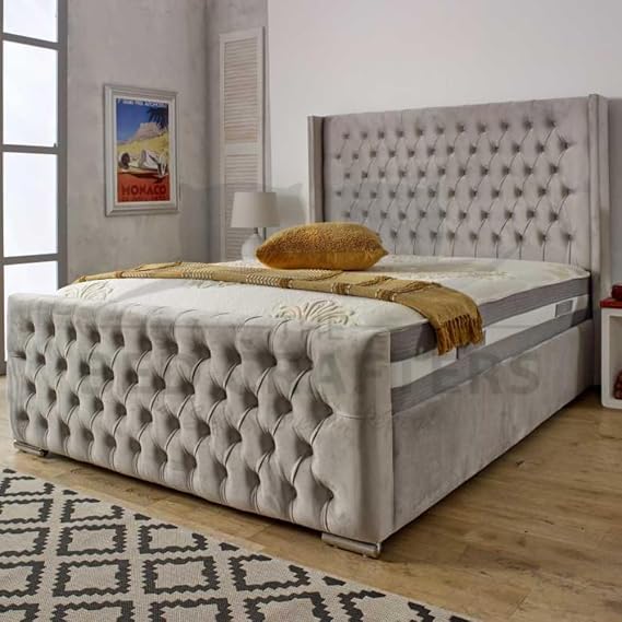 BED CRAFTERS Double Bed Frame with Wing Plush Double Bed 48” Headboard with Mattress Included Ottoman Gaslift Storage Sizes (Steel (with Mattress), Fabric Swatch)