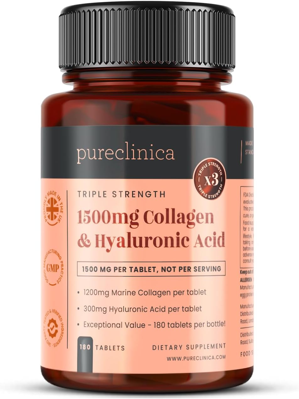 UltraColl Collagen & Hyaluronic Acid 1500mg – 180 Tablets 6 Month Supply | High Strength Marine Collagen Types I, II, III, VII | Anti-Ageing, Skin Elasticity, Joint Support, UK Made