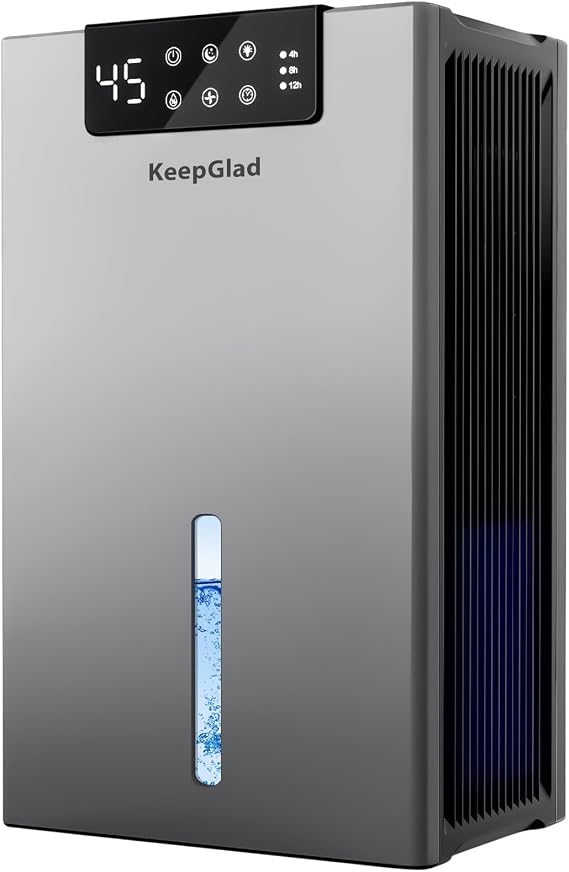 KeepGlad Dehumidifier, 98OZ Dehumidifiers for Home(1000sq.ft), Humidity Display Dehumidifier for Basement Bathroom Bedroom, Auto Shut Off, Washable Filter, Drain Hose, Timer, 7 Ambient Lights, Gray