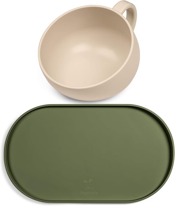 DogBuddy Food Mat (Small, Khaki) and Cup (Sand) Bundle
