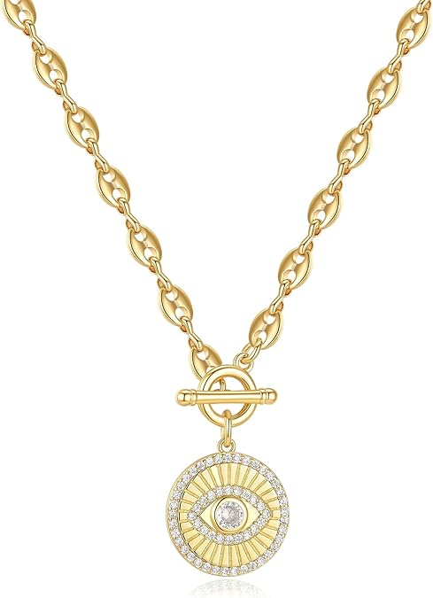 NUZON Sunburst Heart / 2-Tone Interlocking/CZ Evil Eye/Single Pearl/Love Heart Pendant Necklace for Women 14K Gold Chain Necklace Chunky Statement Jewelry