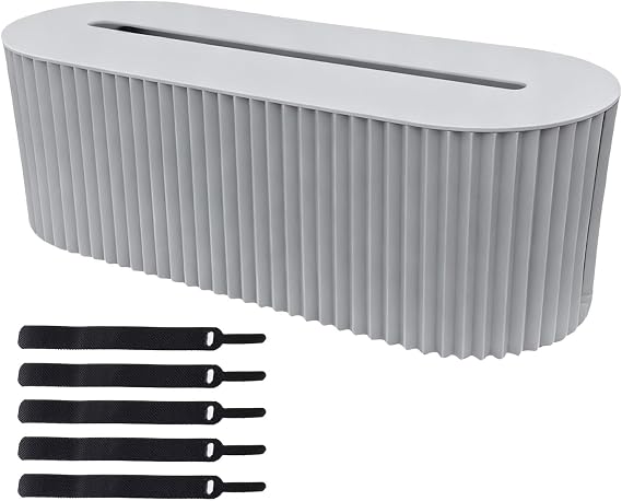 Professional Cable Tidy Box with 5 Cable Ties, Large Oval Cable Organiser Box (33 x 13 x 11 cm), Dual Side Outlets Cable Management Box for Hiding Power Strips & Wires, Milk Blue PP