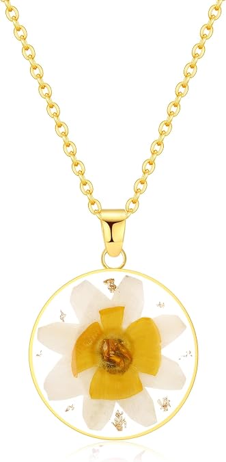 AUNTESIGN Forget-Me-Not and Queen Anne's Lace Pressed Wildflower Necklace | Birth Month Flowers Necklace | Gold/Silver Pressed Flower Jewelry | Mother's Day | Gift For Her