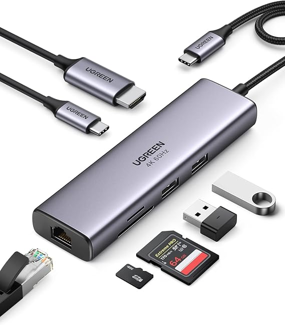 UGREEN USB C Hub 4K 60Hz HDMI HDR 1Gbps Ethernet 100W PD, SD/microSD, MacBook Air/Pro, 2 USB 3.0 Compatible for iPad