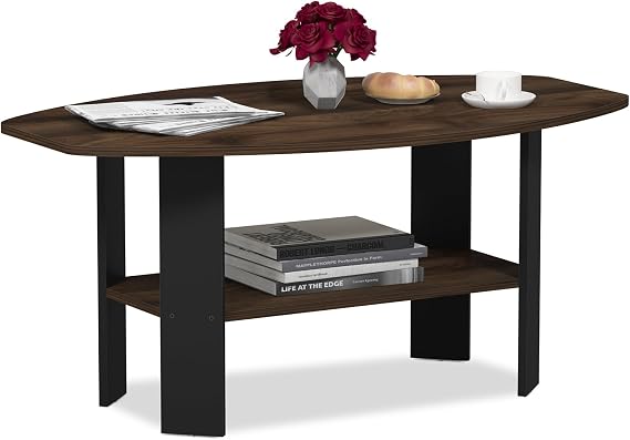 Furinno Simple Design Coffee Table, Columbia Walnut/Black | Small Side Table wih Open Shelf, Tabletop with Soft Edges, for Living Room, Home Office