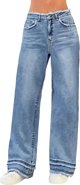 LONGYIDA Baggy Jeans for Women Y2K Stretch High Waisted Straight Wide Leg Denim Jeans Trousers