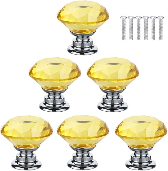 Yellow Crystals Glass Door Knobs Drawer Knobs Cupboard Knobs Drawer Handles Cupboard Handles Cabinet Pulls (30mm,6pcs)