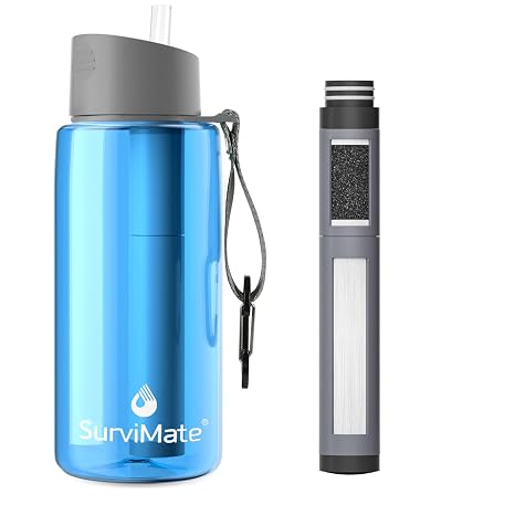 Survimate 5-Stage 0.01μm Ultra-Filtration Filtered Water Bottle, BPA-Free Material, NSF/ANSI 42&372 Certified, Portable Water Filter Bottle for Survival, Camping, Hiking, and Emergency Use