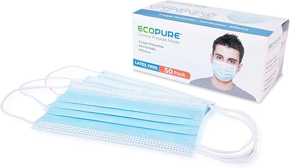 EcoPure Face Masks | Disposable 3-Ply Layer Breathable Comfortable Protective Sanitary Face Masks, 50-Ct