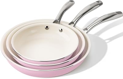 Kikcoin Non Stick Frying Pans Set, 3 Pack Ceramic Frying Pan with Stay Cool Handle, 89.511 Inch Nonstick Omelet Pan Non Toxic Egg Pans for Cooking, Induction Ready, OvenDishwasher Safe Pink
