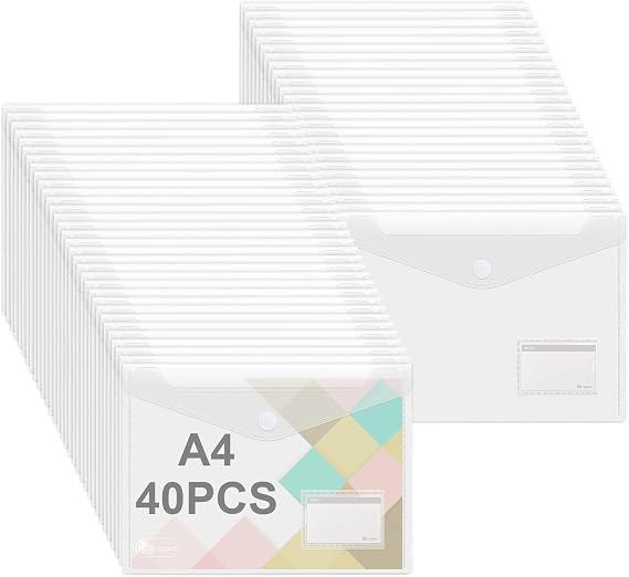 Agoer Document Wallet A4 Pack of 40 Document Folders A4 Transparent DIN A4 Folder with Label Paper for Documents Organising Documents A4 Bag for School Home Office