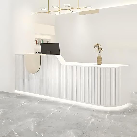 Front Desk Modern Reception Table, Checkout Counter with Lockable Drawer, No Assembly Required, Customizable Logo, Versatile Reception Table for Modern Office Spaces (White 55)