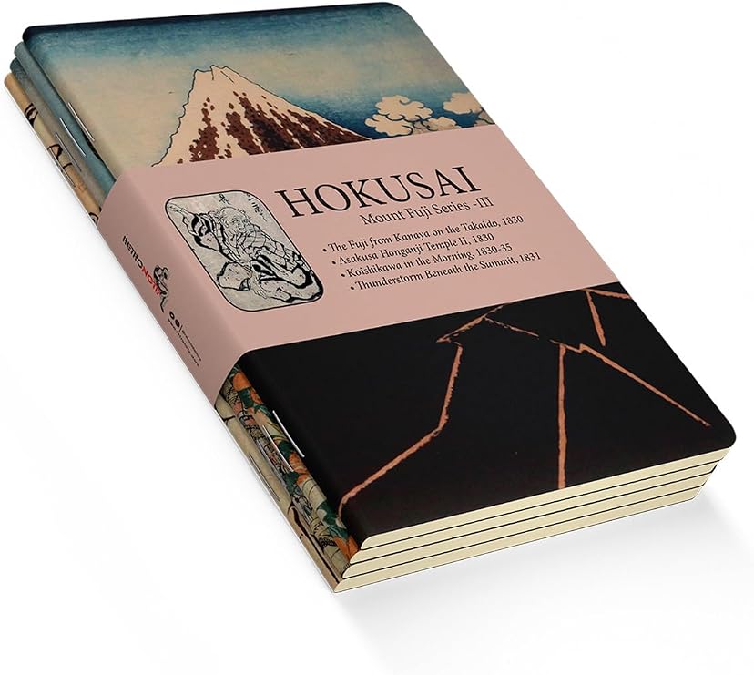 Retronote Mount Fuji Series III - A6, Hokusai 4'lü Defter Seti III, Çizgisiz, Toplam 192 Sayfa, Her biri 48 Sayfa, Tel Dikiş, Esnek Kapak, Oval Kenar, Tuval Doku, 60 gram, Sarı Krem Renk, çok renkli
