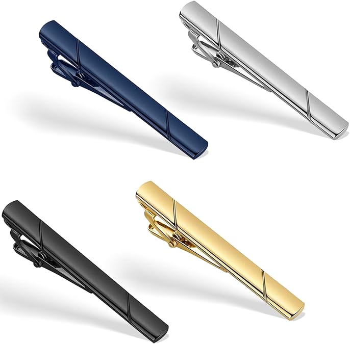 4 Pack Tie Clips for Men Black, Gold, Blue, and Silver Tie Bar Set for Regular Ties, Elegant Gift Ideas