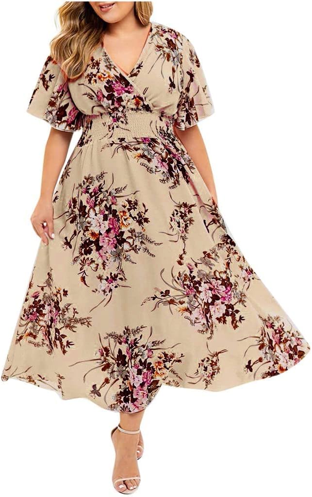Women Floral Maxi Long Dress Plus Size Flowy High Waist Dress Summer Casual Boho Dresses Beach Vacation Outfits