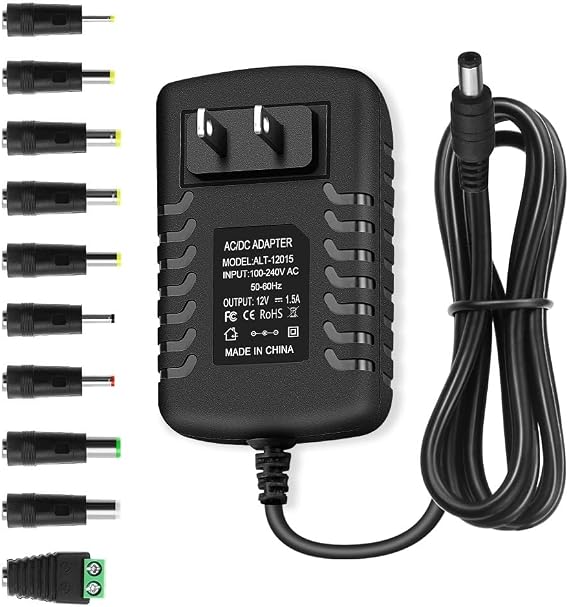 DC 12 Volt 1.5 Amp Switching Power Supply, 100-240V 50-60Hz AC to DC 12V 1.5A 18W Power Supply Cord Adapter with 5.5mm x 2.5mm Barrel Plug Jack, and 10 More Sizes of Tips
