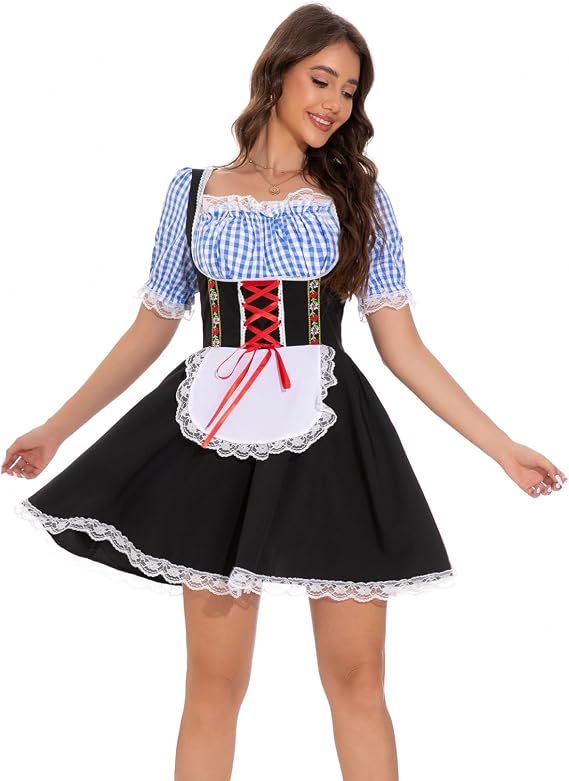 Oktoberfest Outfits Women Lace Trim Plaid Dirndl Dresses Oktoberfest Costume for Traditional Bavarian German Outfits