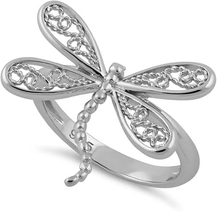 Sterling Silver 925 Dragonfly Ring, Lovely Butterfly Band Ring, Women/Girls Flying Insect Jewelry