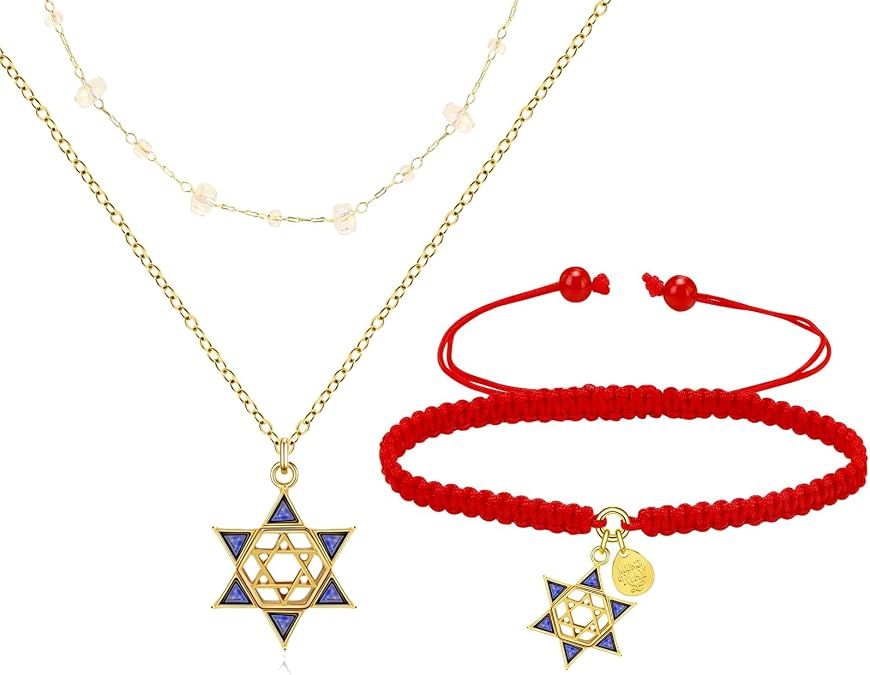 Star of David Jewelry : Dainty Jewish Star Hexagon with Blue Crystal Adjustable Religious Amulet Jewelry for Women Hanukkah Gifts (gold)