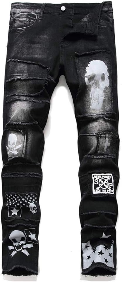 qingtianzhuxinxikejiyouxiangongsi Men's Jeans Ripped Slim-Fit Black Skinny Fashion Denim Jean Pants Durable Biker