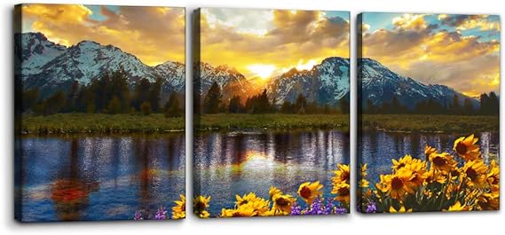 3 Pieces Mountain Canvas Wall Art for Living Room Nature Landscape Picture Sunflower Wall Decor for Bedroom Home Decoration Sunrise Grand Teton National Park Painting Framed Artwork - 12" x 16" x 3