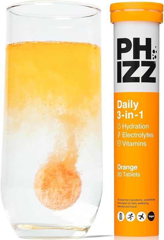Phizz Electrolytes Tablets, Daily Hydration and Multivitamin, 20 Servings | Orange Flavour, Effervescent Rehydration Tablets, 18 Vitamins & Minerals, 7 Key Electrolytes, Vitamin C, Vegan & Low Sugar