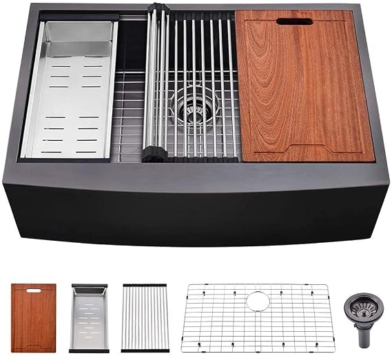 33 Inch Black Stainless Steel Farmhouse Sink Workstation Apron | 33x22 Inch Apron Front Farmhouse Kitchen Sink 16 Gauge 10" Deep Single Bowl Farm Sink with Cutting Board