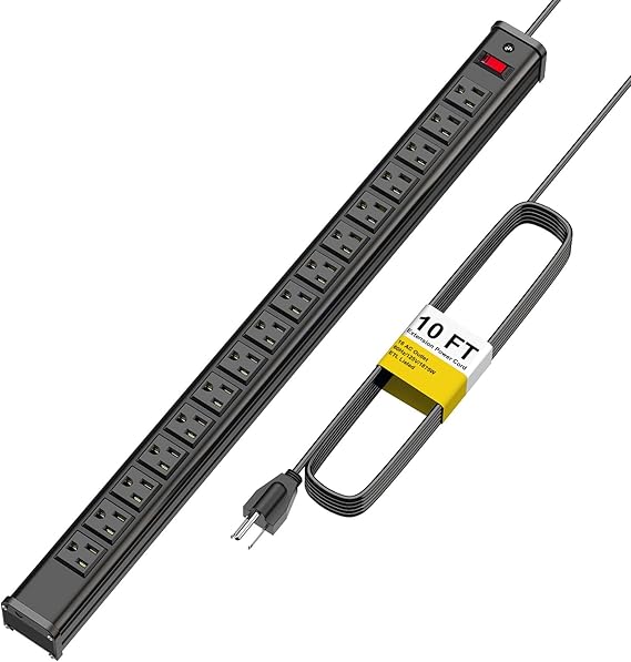 Long Surge Protector Power Strip,16 Outlet Heavy Duty Power Strip Metal Power Bar,10 FT Long Extension Cord with Circuit Breaker for Garage,Workshop,Industrial(125V/1875W, ETL Listed),Black