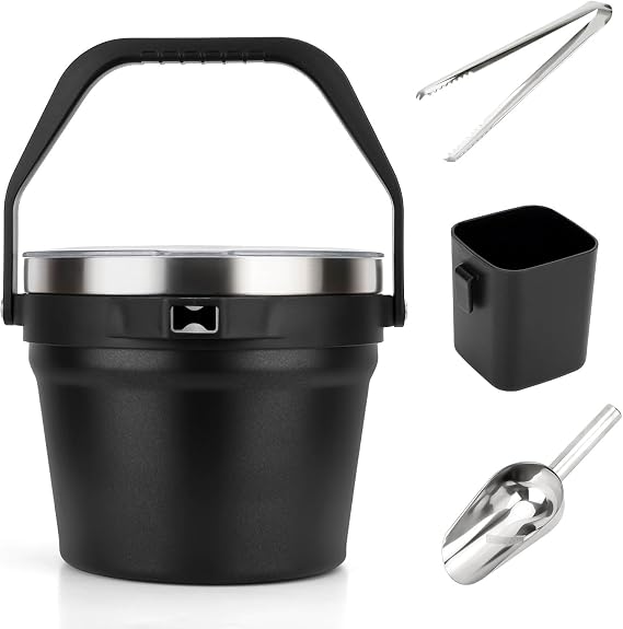 Luxfuel 7L Beverage & Ice Bucket with Lid, Stainless Steel, Includes Scoop & Tongs, Holds 6 Beer Bottles or 3 Wine Bottles, Keeps Drinks Cold for Hours, Easy Carry Handle for Parties & Outdoor -Black