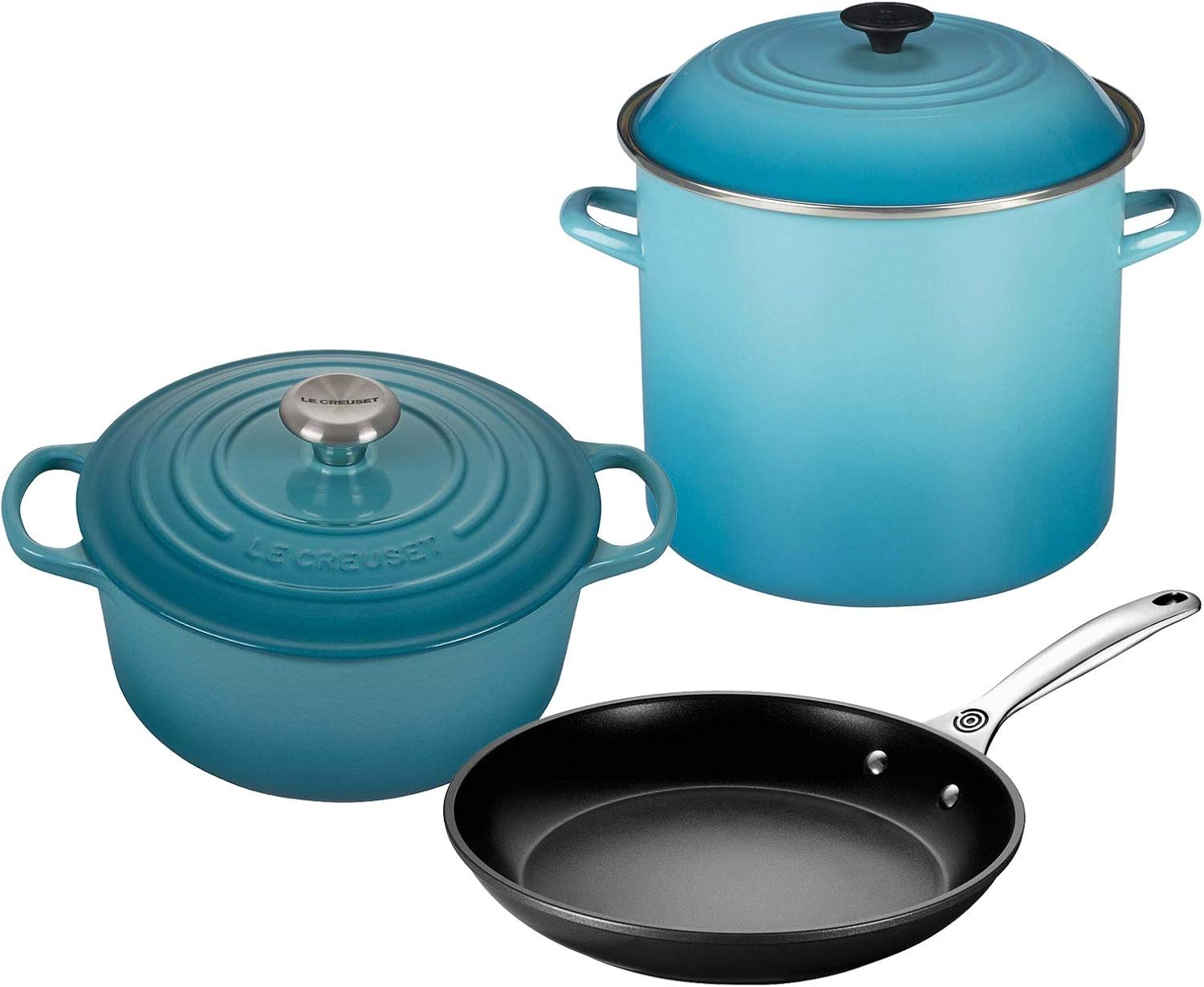 Le Creuset 5-Piece Oven & Stovetop Cookware Set, 4-12-Quart Round Dutch Oven, Le Creuset, 8-Quart Coverstock Pot, Le Creuset 10-Inch Satin Nonstick Pro Fry Pan, Caribbean