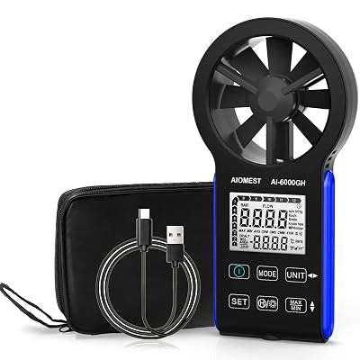 CFM Wind Speed Meter, AIOMEST Rechargeable HVAC Anemometer Measuring Wind Velocity, Test Air Flow Volume CFMCMM, Handheld Airflow Tester AI-6000GH with Anemometro Carrying Case
