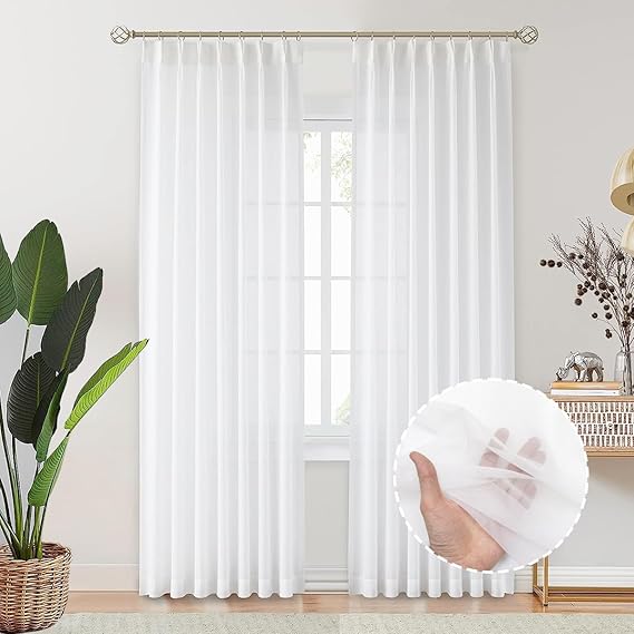 Pinch Pleated Sheer Curtains for Traverse Rods, Sheer White Curtains 102 inches Long, Sheer Drapes for Bedroom Living Room (2 Panels, 100 inches Wide Each Panel, White)