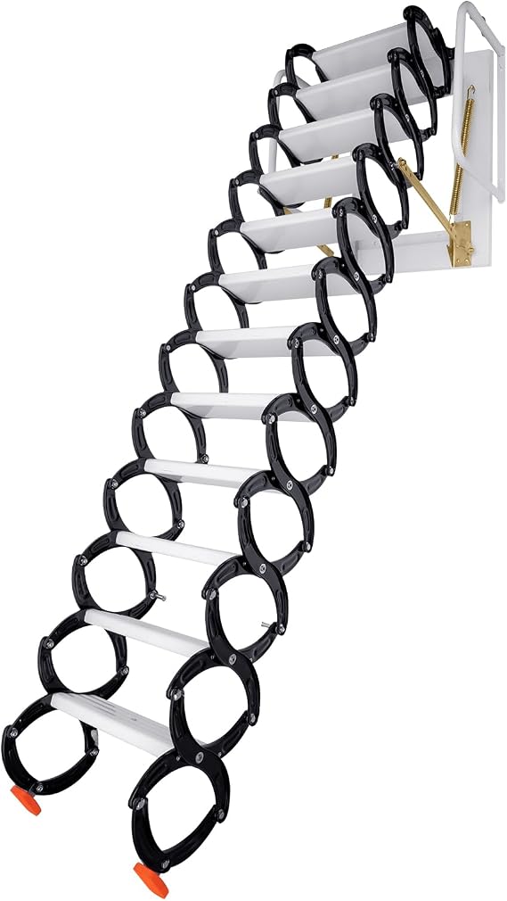 Attic Steps Pull Down 12 Steps Attic Stairs Alloy Attic Access Ladder, Black and White Pulldown Wall-Mounted Folding Attic Stairs, Retractable Attic Ladder with Armrests, 9.45 feet Height