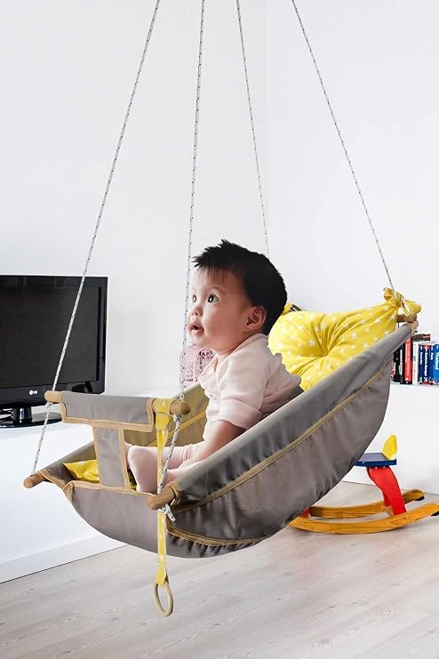 Bundera-Kids Bebek Uyku Salıncağı Çocuk Ahşap Hamak Beşik Salıncak Minderli Yatak Seti (Gri)