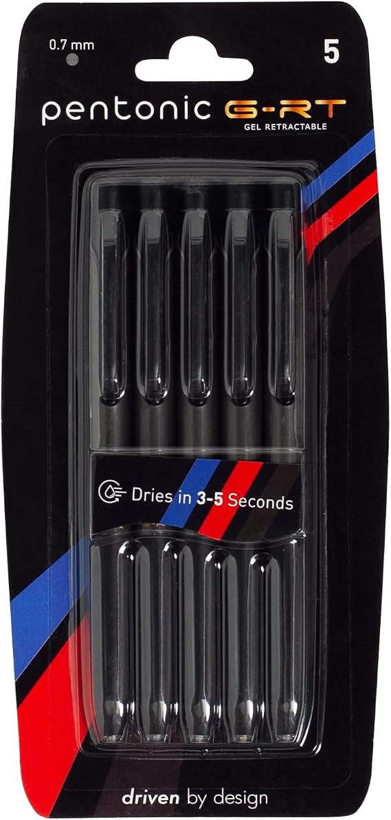 Pentonic G-RT Retractable Gel Pens, 5 Count, Black Ink, 0.7 mm Fine Point Tip, Ergonomic Grip, Smooth Writing For Journaling, Pens for School & the Office (1016846)