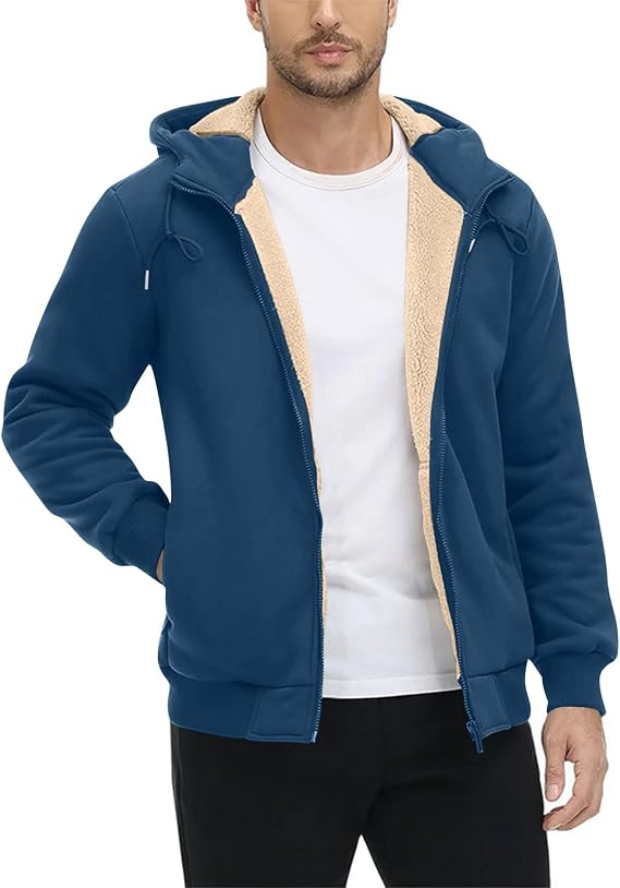 Fall Winter Coats for Mens Sherpa Fleece Lined Sweatshirt Jackets with Hood Pockets Zip Up Solid Color Outerwear
