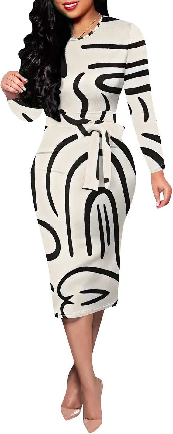 Midi Dress for Women Pencil Dresses Fashion Work Dress Elegant Church Dresses Long Sleeve Bodycon Tie Waist Cocktail Clothes