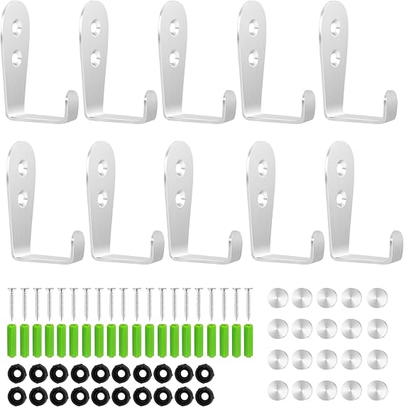 CGBE Coat Hooks for Wall, 10 Pack Stainless Steel Heavy Duty Outdoor Hooks | No Rust Outside Towel Hooks Wall Mounted with Screws and Anchor for Key, Towel, Bags, Cup, Hat (Silver)