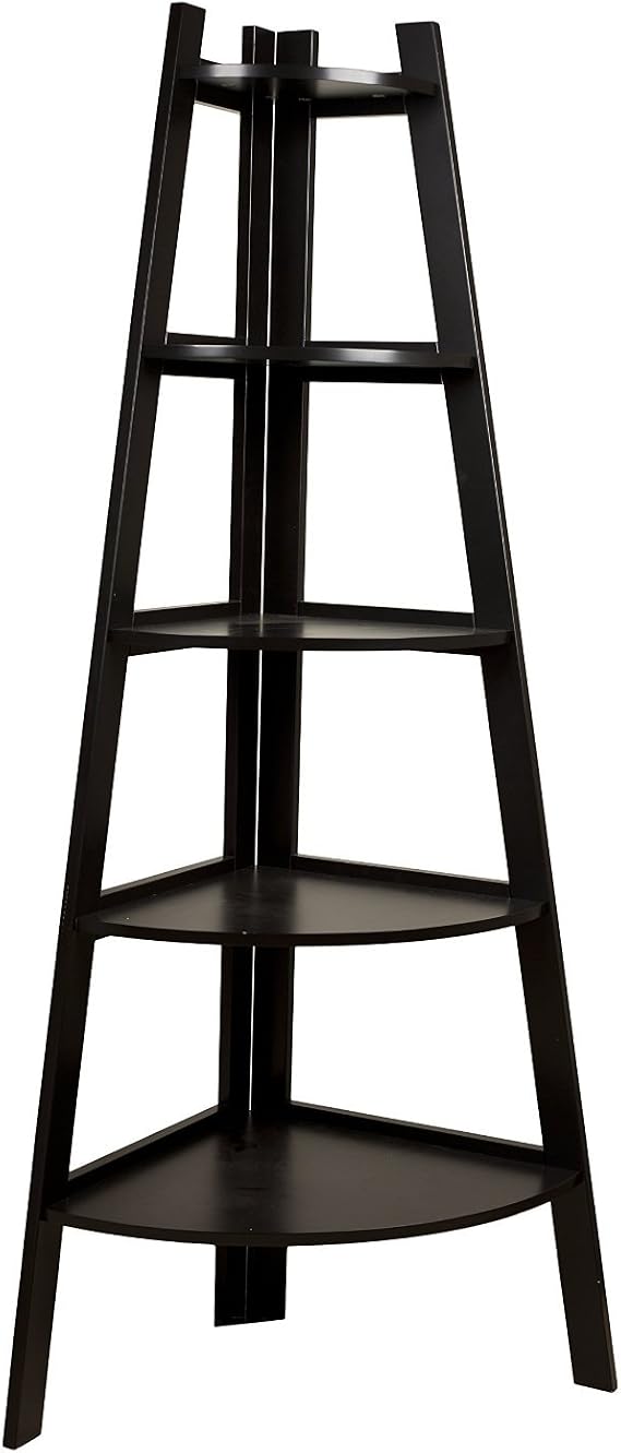 5-Tier Corner Ladder Bookshelf - Black, Contemporary Style, 5 Shelves, Triangular Shape