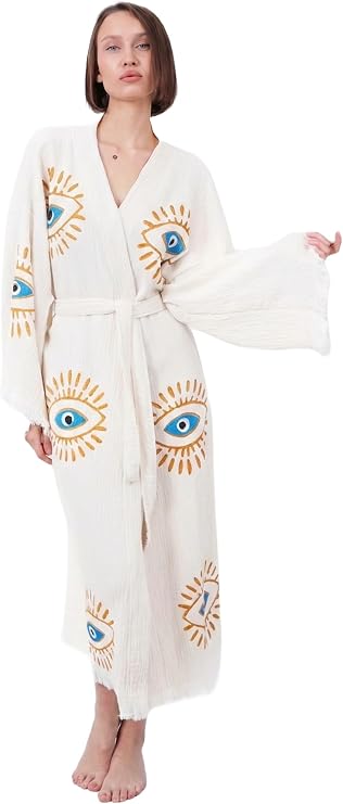 Handmade Evil Eye Boho Festival Kimono Boho Beachwear Beachwear Cover Up Ethnic Kimono Cardigan Bathrobe Morning Robe