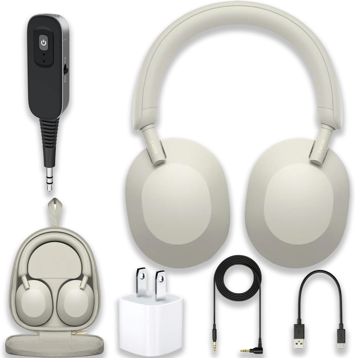 Sony WH-1000XM5 with Portable Bluetooth Transmitter The Best Wireless Noise Canceling Headphones with Auto Noise Canceling Optimizer, Hands-Free Calling, and Alexa Voice Control White
