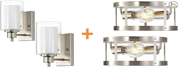 2 Pack Brushed Nickel Bath Vanity Light Fixtures with Brushed Nickel 2-Light Metal Cage Semi Flush Mount Ceiling Light