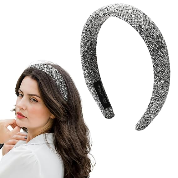 Kefley Tweed Puffy Headband Wide Padded Headbands for Womens Hair Non Slip Fashion Thick Sponge Headband Hairband Head Band Gray Chunky Headband for Women Trendy Headwear