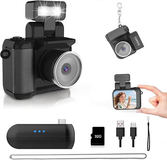 Mini Keychain Camera, Portable Retro Digital Camera with 32GB Card, Tiny Keychain Camera for Travel, Study, Vlog