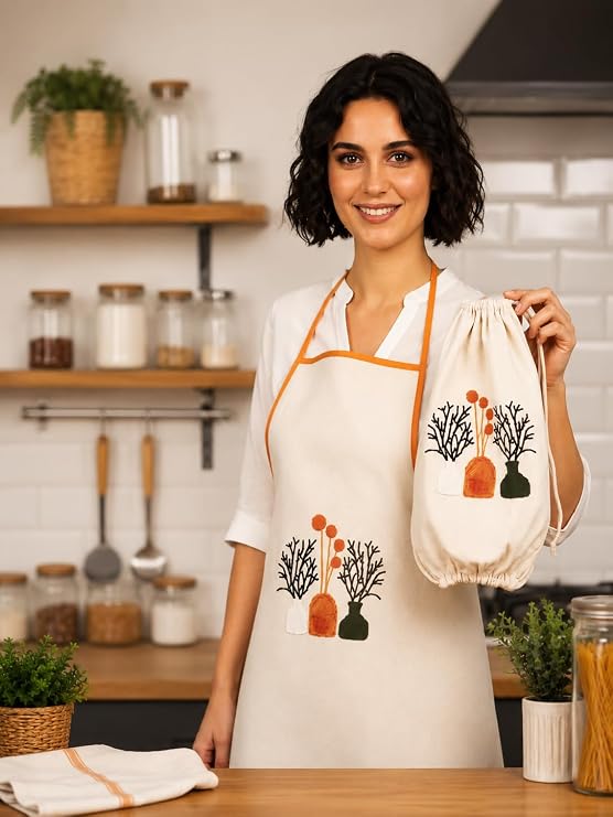 Promosyonca Doğal Keten Mutfak Önlüğü ve Poşetlik 2'li Set, Şık Tasarım