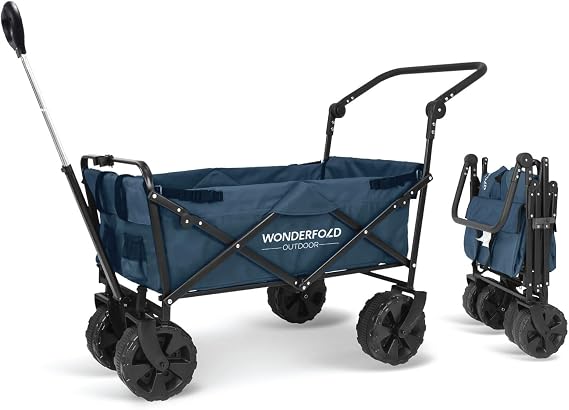 WONDERFOLD S2 Push & Pull Folding Utility Cart with Wide Beach Tires, Adjustable Push Handle, Telescopic Pull Handle with Spring Bounce Technology & Storage Pouch, Blue
