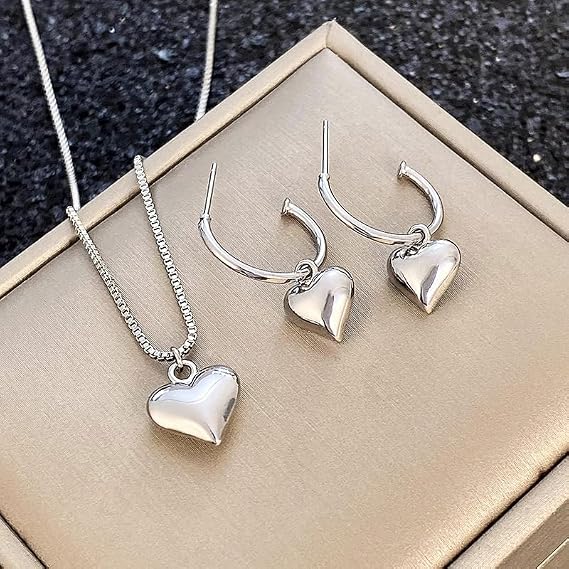 Mnyixsi 925 Sterling Silver Love Heart Pendant Necklace Earrings Set for Women and Womens Heart Earrings Pendant Necklace Thin Glass Puffy Love Heart Beaded Earrings Necklace Jewelry Set for Women