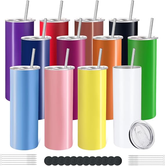 YOUKE OLA 12 Pack Stainless Steel Skinny Tumblers 20oz - Bulk Straight Double Wall Vacuum Insulated Tumbler with Lid and Straw & Silicone Base for Travel, DIY, 12 Colors