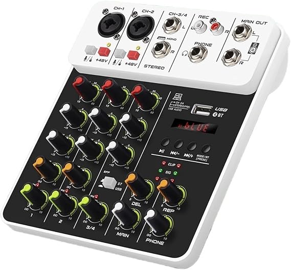 DJ Controller, 4-Channel Mixer DJ Controller Mix Bluetooth Phantom Power Delayed Replay Effect for Mixing Consoles PC Recording